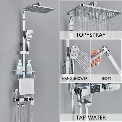 Immagine prodotto di Set doccia a pioggia per bagno - Miscelatore termostatico con display digitale - Soffione da 20–30 cm - Doccetta manuale - Bocchetta per vasca - Montaggio a parete - Cromo