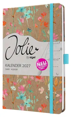 Image de Agenda hebdomadaire Jolie 2027, format A5 environ, marron, bleu, rouge, orange