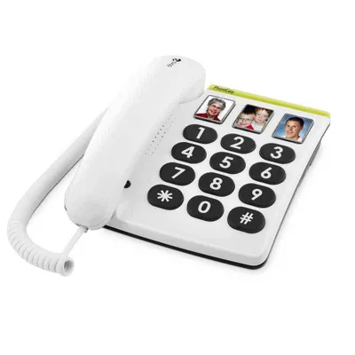 A white corded telephone with a large keypad and photo placeholders is shown on a white background.