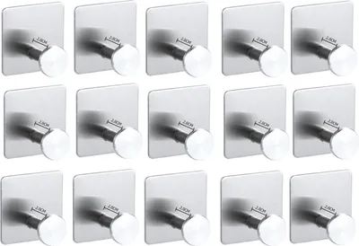 Immagine prodotto di set di 15 portasciugamani senza foratura per bagno e cucina - ganci multiuso [autoadesivi] - montaggio a parete | ganci adesivi in acciaio inox 45x45 mm | ganci per accappatoi | ganci per abiti da incollare [argento]