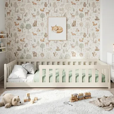 Produktbild von Kinderbett Bodenbett 90x200 cm mit Rausfallschutz & Lattenrost Montessori Bett Bed Gitterbett Kinder Jugendbett Einzelbett | Baumwolle