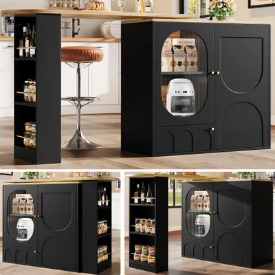Immagine prodotto di MODFU Isola da cucina con 3 ante, divisori rimovibili, portaposate girevole a 360°, tavolino con vano portaoggetti, nero
