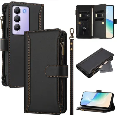 Obrázek produktu pro Pouzdro pro Vivo V30 Lite 4G, zipem, peněženkovéPolyuretankožené flip pouzdro s kapsami na karty, stojánkem a poutkem na ruku černý