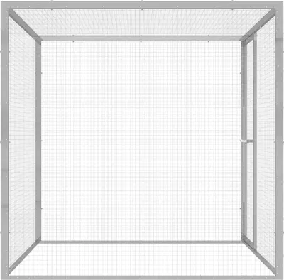 A view of an empty, galvanized steel cat cage with a wire mesh construction and a single door on the right side.