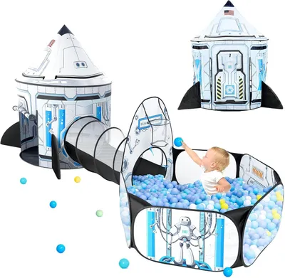 Produktbild von Wilwolfer 3-in-1 Pop-up Spielzelt für Kinder – Spielhaus mit Krabbeltunnel & Bällebad, Faltbares Indoor & Outdoor Spielzelt für Jungen und Mädchen, Raumschiff Design, Ohne Bälle