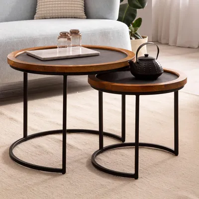 Image de FineBuy Table basse (set de 2) en bois massif de manguier / aspect pierre Table de salon ronde avec piètement métallique Table basse moderne