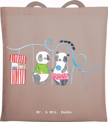 Produktbild von Mr. & Mrs. Panda Tote Bag Pandas Freizeitpark besuchen - Braun Pastell - Geschenk, Jutebeutel, Beutel, Laptoptasche, Achterbahn fahren, Tasche, Unitasche