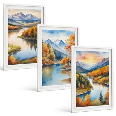 Produktbild von Bilder Set 3-teilig im weißen Rahmen – Wandbilder 3 Stück – gerahmte Poster für Wohnzimmer, Schlafzimmer und Flur – 40x60 cm – Herbstliche Berglandschaften
