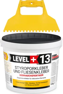 Obrázok produktu pre Súprava Lepidlo na polystyrén pripravené na použitie 10 kg Biele lepidlo na dekoratívne korkové obklady LEVEL+13 a plastový tmel zub 5x5 mm
