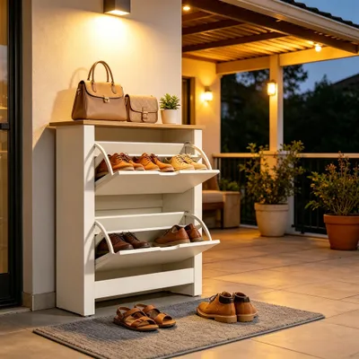 Image de Armoire à chaussures étroite, 72x26x80 cm. Rangement à chaussures avec 2 portes et étagère. Armoire pratique pour l'entrée. Organisateur de chaussures moderne en chêne et blanc mélaminé
