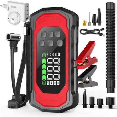 Produktbild von 9 in1 Auto Starthilfe Startgerät Booster Starthilfekabel mit 150PSI Luftkompressor Jump Starter 9000A 16000mAh, mit PD-140W Schnellladegerät Adapter