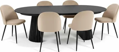Produktbild von Tokyo Essgruppe Esstisch schwarz, 6 Stühle aus beigem Velours.