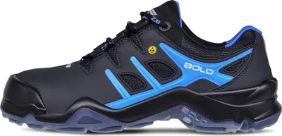 A side view of a black and blue safety shoe.
