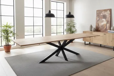 Produktbild von Esstisch Baumkante Akazie natur 200(300)x100 Ansteckplatten Spider-Gestell schwarz AVINO