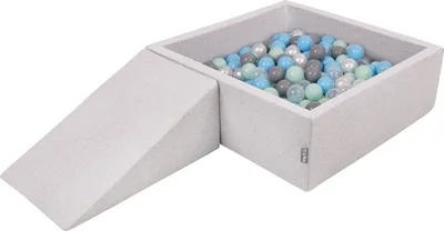 Produktbild von KiddyMoon spielplatz aus schaumstoff mit rund bällebad (100 bälle) ballgruben für babys spielbad hindernisläufen, hergestellt in der eu, hellgrau:perle/grau/transparent/babyblue/minze