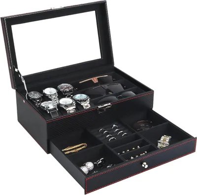 Produktbild von Uhrenbox, Uhrenkasten mit Glasdeckel, Uhrenkoffer mit Schloss, Uhren- und Brillen-Organizer, Schmuckkasten für Herren, Vatertagsgeschenk