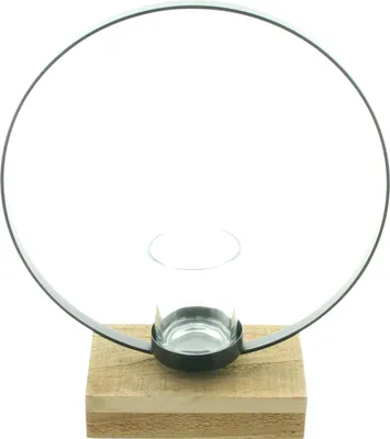 Produktbild von Windlicht Ring Metall schwarz Holz Sockel 1 Glas