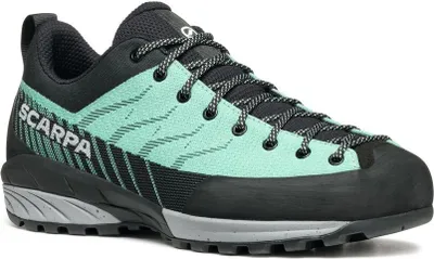 Zustiegsschuh "Mescalito Planet Wmn" von Scarpa in mintgrün und schwarz; mit rutschfester Sohle.
