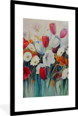 Produktbild von MuchoWow® Gerahmtes Poster Malerei - Ölgemälde - Blumen 60x90 cm - Poster mit Schwarzem Bilderrahmen Wandposter Rahmen Foto Bilder - Dekoration - Wandposter Wohnzimmer - Hochwertig