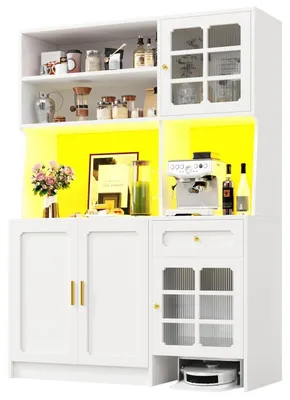 Produktbild von Küchenschrank Buffetschrank Sideboard mit Glastüren und LED-Beleuchtung 130x45x180 cm Weiß