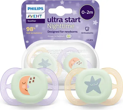 Produktbild von Philips AVENT Soother SCF075/07 ultra start für die Nacht, Klassischer Babyschnuller, Kieferorthopädisch, Silikon, Junge/Mädchen, Spülmaschinenbeständig