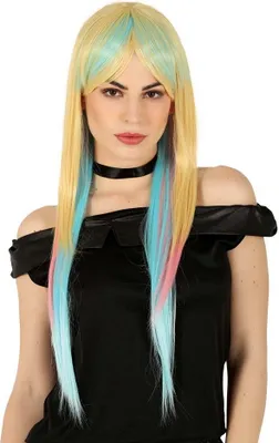Produktbild von lange blonde Perücke mit bunten Strähnen für Damen