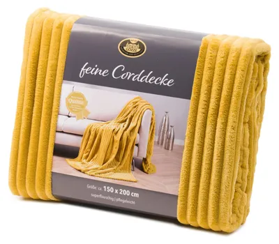 Produktbild von GÖZZE Feine Corddecke leichte flauschige Wohndecke in Cordoptik Senf Gelb 150 x 200 cm