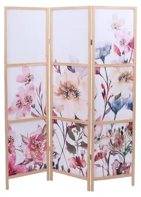 Produktbild von Paravent, Trennwand Sichtschutz Raumtrennung mit Naturmotiven aus Holz und Polyethylen 170x137cm - Blumen