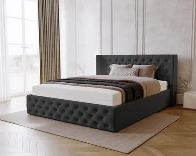 Obrázok produktu pre Manželská posteľ 140x200 Rolia, Chesterfield, štýl Glamour – čalúnená posteľ 140 x 200 s úložným priestorom, kovový rošt – zamatová čierna
