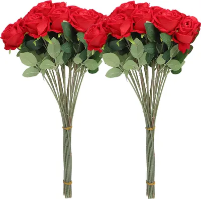 Immagine prodotto di 50pz rose artificiali realistiche dall'aspetto finto a gambo lungo per bouquet da sposa fai da te, centrotavola, decorazioni per la casa rosso