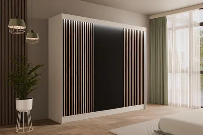 Produktbild von ALTDECOR Kleiderschrank mit Lamel-Schiebetüren,  Führungsschienen und Aluminium- Leisten, LED-Beleuchtung  und Fernbedienung - VILANv2 - 250 cm Weiß + Lamelle Eiche Wotan