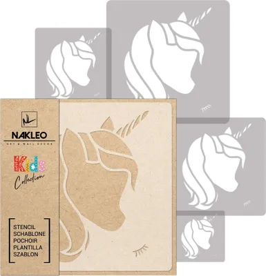 Produktbild von Schablonen Malen für Kinder, 5 Stück Set 9x9 cm bis 34x34 cm Einhorn Märchenhafte Magie, Wiederverwendbare Kunststoff für Kinderzimmer Malvorlage Raumdekoration