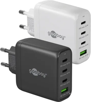 Produktbild von Goobay 68 W USB-C PD GaN Multiport-Schnellladegerät weiß, 3x USB-C-Anschlüsse (Power Delivery) und 1x USB-A-Anschluss (Quick Charge)