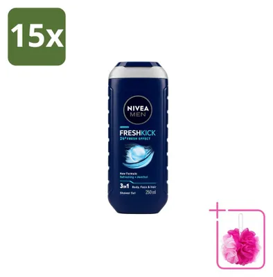 Zdjęcie produktu dla 15 sztuk żelu pod prysznic 3 w 1 Nivea Men Fresh Kick - 250 ml - zestaw ekonomiczny