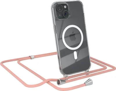 Produktbild von EAZY CASE - Handykette kompatibel mit Apple iPhone 15 Kette zum Umhängen Stoßfest Handyhülle für Apple iPhone 15 Silikon Hülle mit Band Handytasche Transparent als Fallschutz in Alt Rosa - Clips Silber