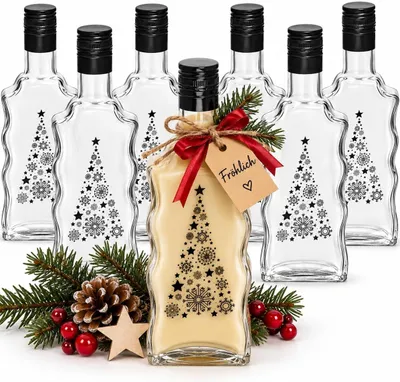 Produktbild von 6x Weihnachtsflasche 500 ml mit Tannenbaum Glasflasche Schnapsflasche Likörflasche zum Befüllen mit Schraubverschluss