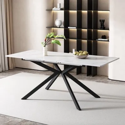 Obrázek produktu pro Rozkládací jídelní stůl, rozměry 150-180 cm, s povrchem imitujícím mramor, černá barva, s podnoží ve tvaru "X"