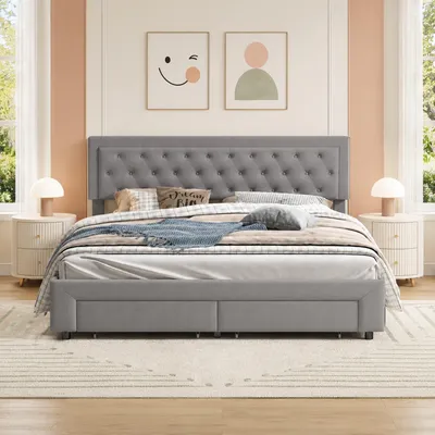 Image de Lit boxspring 180x200 cm avec 2 tiroirs, lit rembourré avec système hydraulique de rangement, lit double avec coffre de rangement et sommier à lattes, couleur gris lin