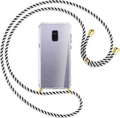 Produktbild von Handykette Backcover-Schutzhülle mit Band (Metall goldfarben) für Samsung Galaxy A8 Plus 2018 - schwarz/weiß gestreift
