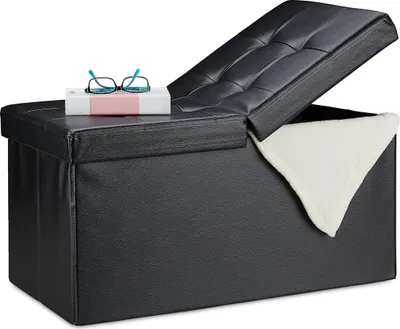 Produktbild von Relaxdays Sitzbank, Stauraum, faltbar, Leder-Optik, klappbarer Deckel, Flur, Schlafzimmer, Polster Truhenbank, schwarz