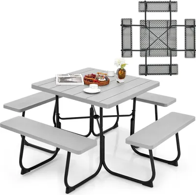 Produktbild von KOMFOTTEU Bierzeltgarnitur für 8 Personen, Quadratisches Picknicktisch Set mit Schirmloch & 4 Bänken, Gartenmöbel Set aus HDPE & Metall, Grau