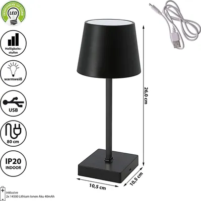 Produktbild von Tischleuchte mit Touchfunktion | Nachttischlampe aufladbar mit USB Kabel | Helligkeit regulierbar mit Touch | warmweiß | inkl. Ladekabel (1x Tischleuchte Lampenschirm schwarz)