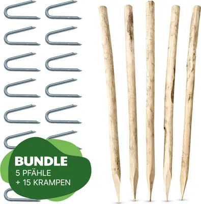 Produktbild von 5 Stk. Pfähle aus Kastanie inkl. Krampen, Länge 150 cm, Durchmesser 6-8 cm