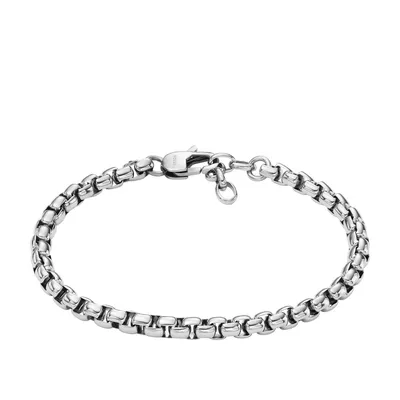 A silver-colored bracelet on a white background.