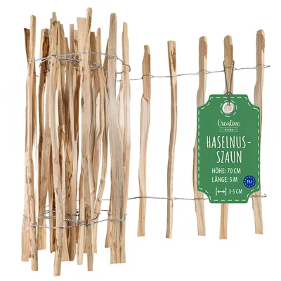 Zdjęcie produktu dla Creative Home Płot Leszczynowy Sztachetowy | 70 cm Wysokości i 5 m Długości | Płotek Rolowany | Rozstaw Listewek 3-5 cm | Idealny jako Obrzeże do Kwiatów | Ogrodowy Płotek z Drewna Orzechowego