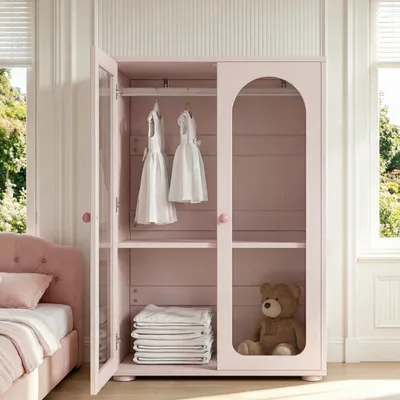 Produktbild von Kleiderschrank mit 2 Türen 80x120x50 cm Kinderkleiderschrank Rosa Schlafzimmerschrank mit Kleiderstange & Acryltüren Modern