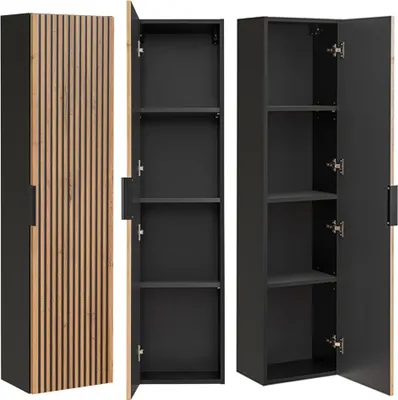 Produktbild von Badezimmer Hochschrank XANTEN-56 in anthrazit mit Eiche Nb. schwarz gerillt, B/H/T: ca. 35/140/25 cm