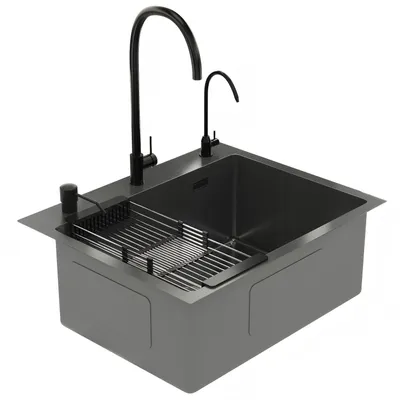Produktbild von Spülbecken Schwarz 55×45 cm – Edelstahl Küchenspüle mit Pop-Up Abfluss, Armatur Set & komplettem Zubehör, Einbauspüle für Unterschränke ab 60 cm