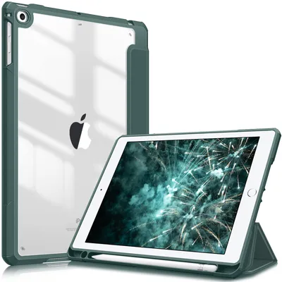 Produktbild von Fintie Hybrid Hülle mit Stifthalter für iPad 6. Generation 2018/ iPad 5. Gen 2017/ iPad Air 2/ iPad Air 9.7" - Stoßfeste Schutzhülle mit transparenter Hartschale auf der Rückseite, Dunkelgrün