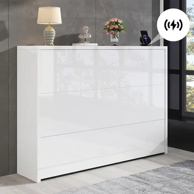 Produktbild von Schreibtisch mit Rollen & Wireless Charger Faltbarer 2-in-1 Sideboard & Arbeitsplatz Bürotisch Computertisch Weiß